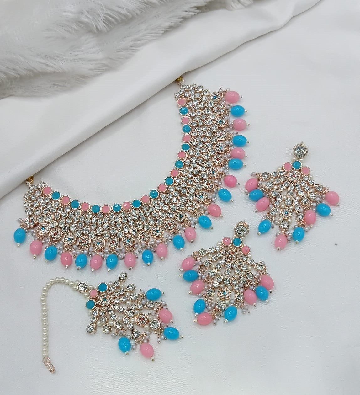 Sky Blue & Blush Pink Pearl Accents Choker Set